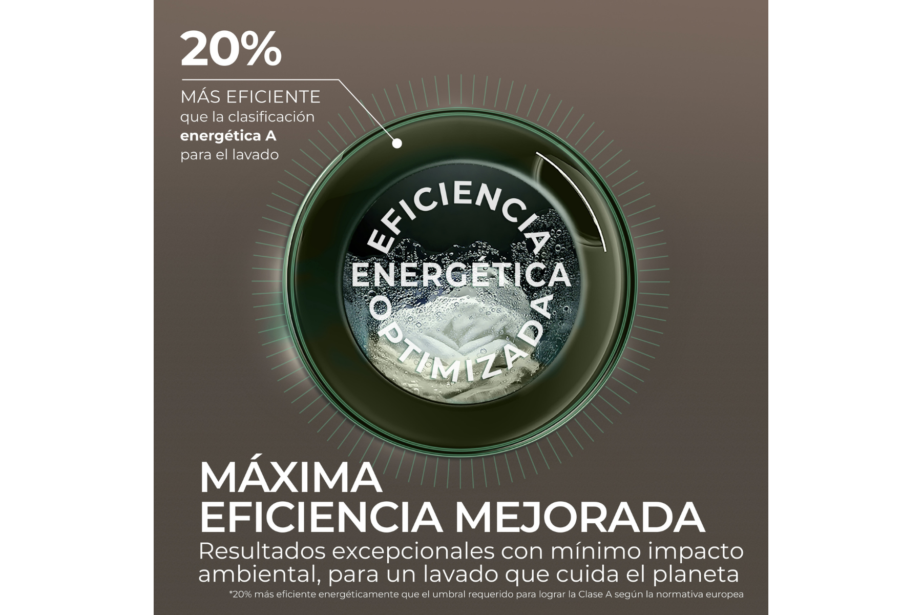 Tambor de lavadora con agua jabonosa y texto blanco sobre eficiencia energética.