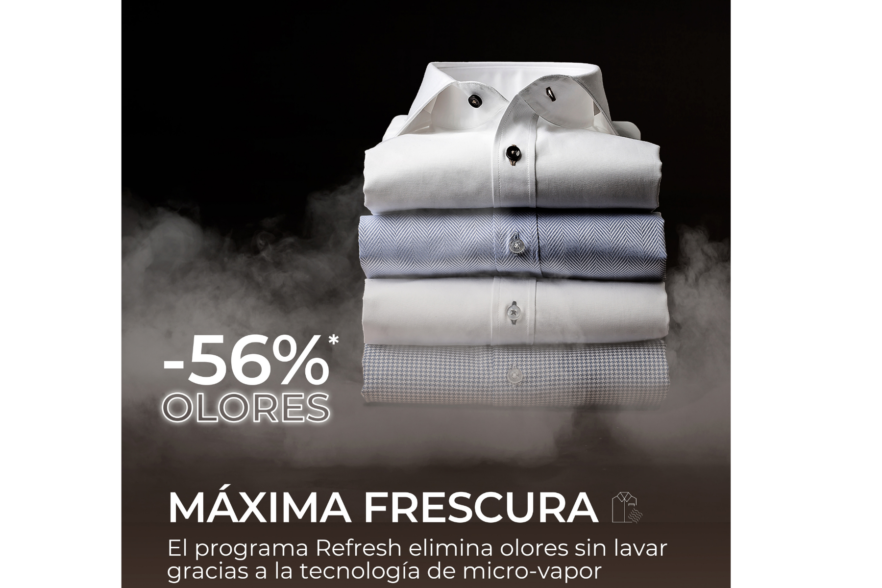 Una pila ordenada de camisas dobladas rodeada de humo con texto promocional.