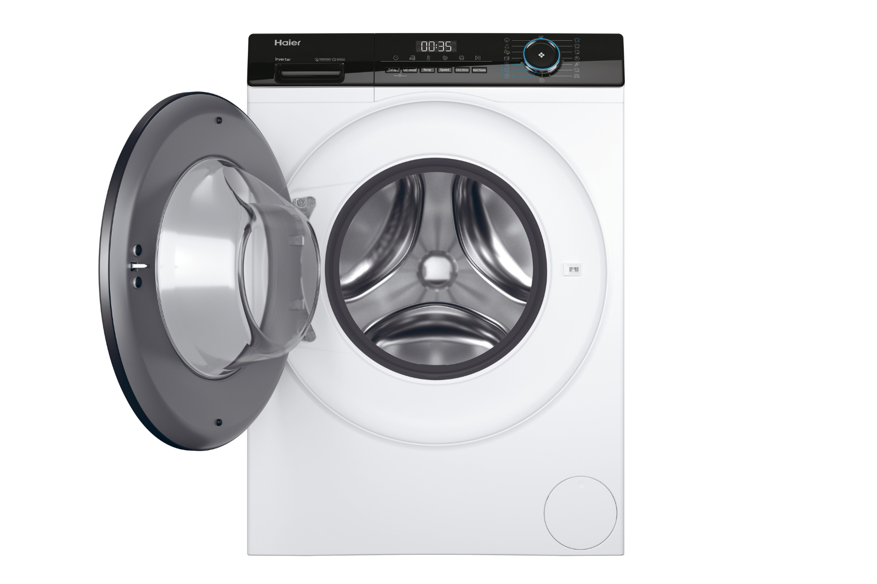 Una lavadora blanca Haier con la puerta de ojo de buey abierta y un panel de control negro.
