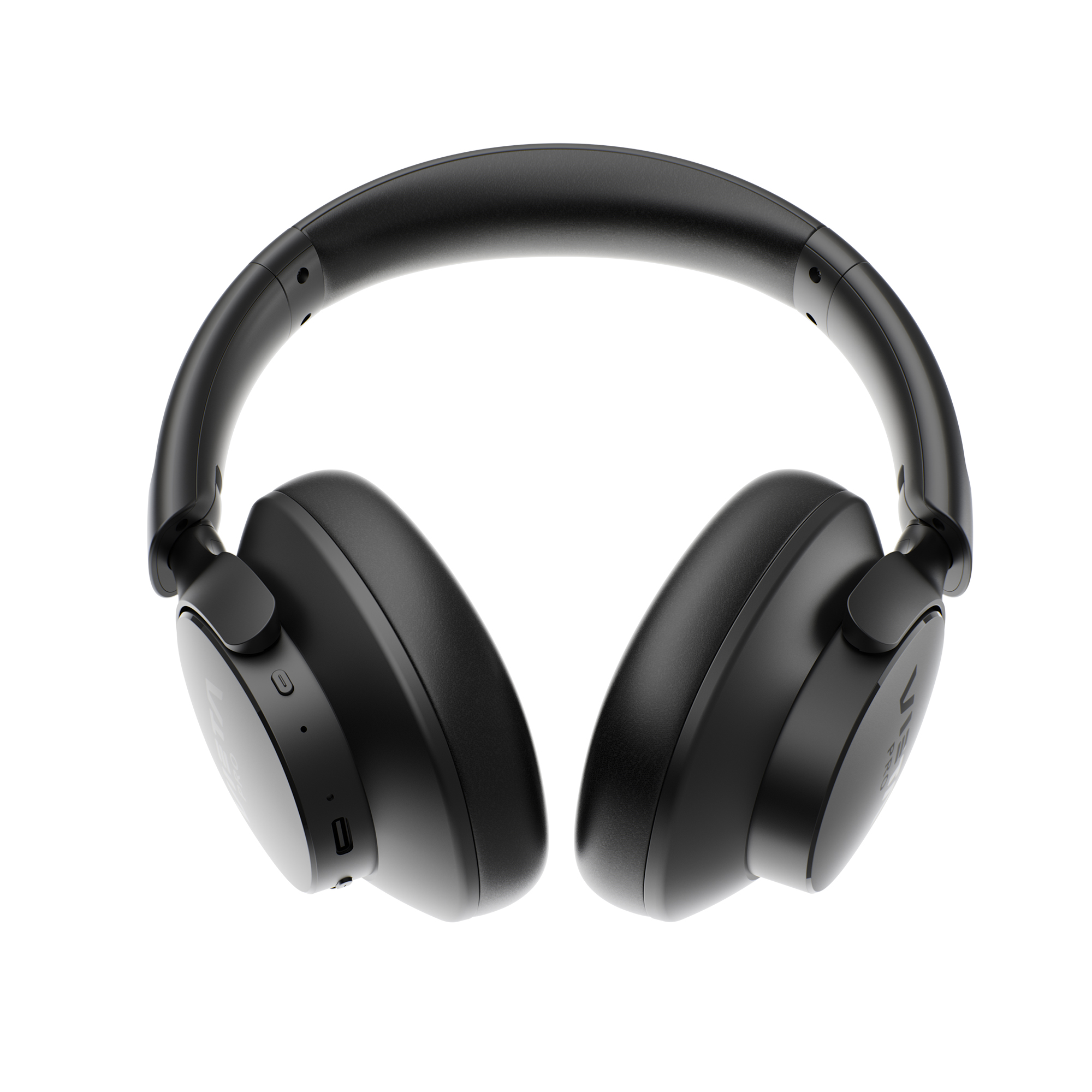 Auriculares inalámbricos de diadema negros sobre fondo blanco.