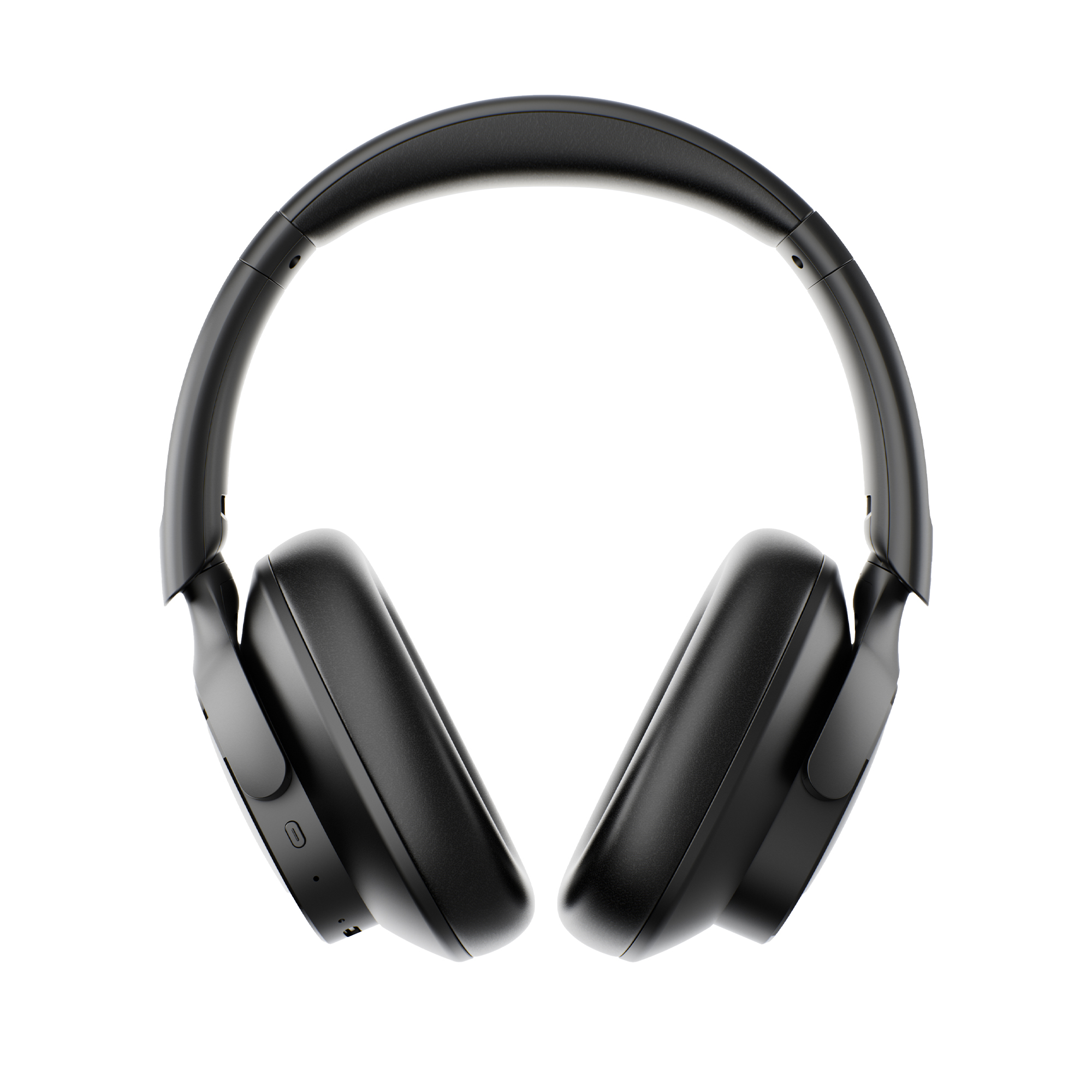 Auriculares supraaurales inalámbricos negros sobre fondo blanco.
