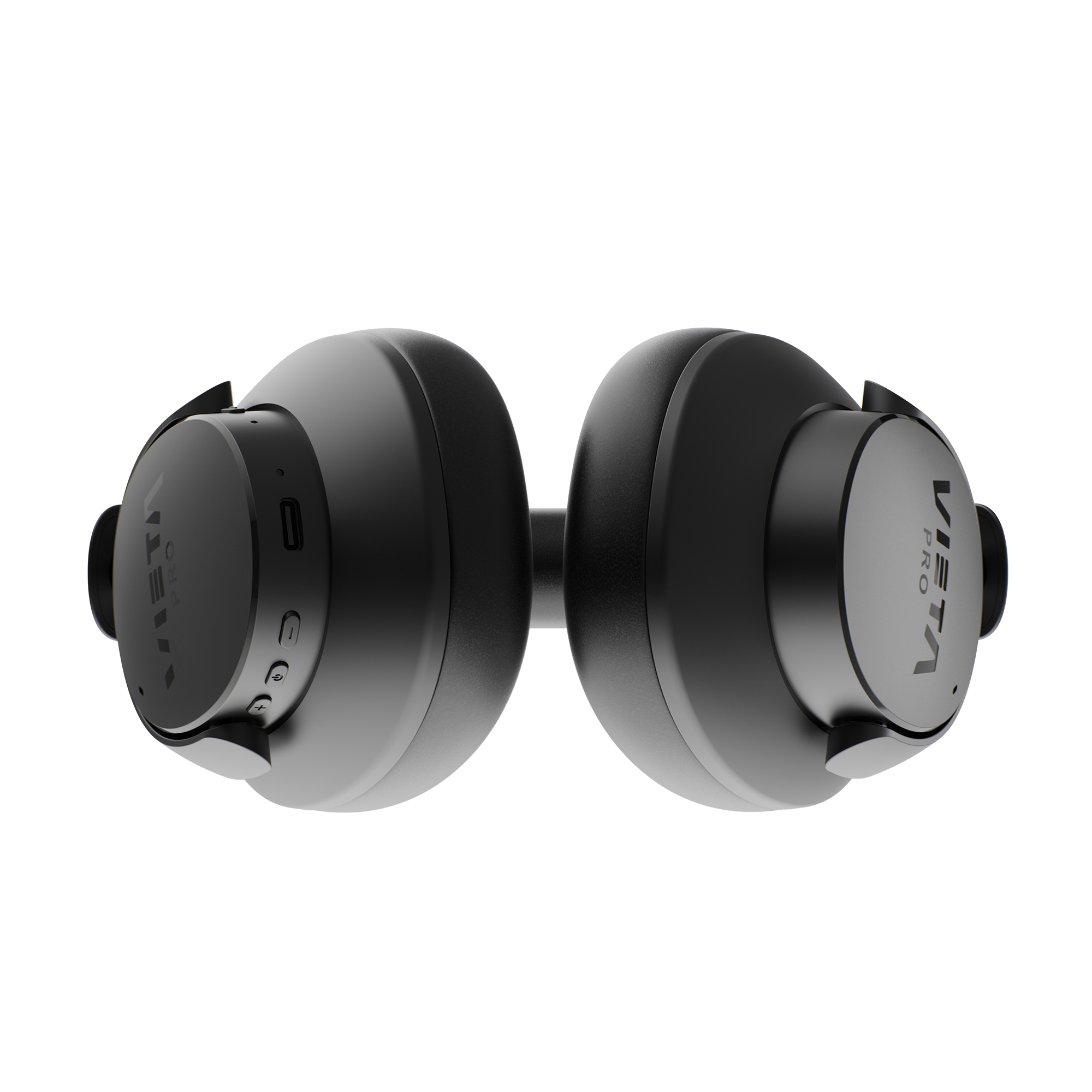 Auriculares inalámbricos negros tipo diadema con logo, botones y puerto de carga sobre fondo blanco.