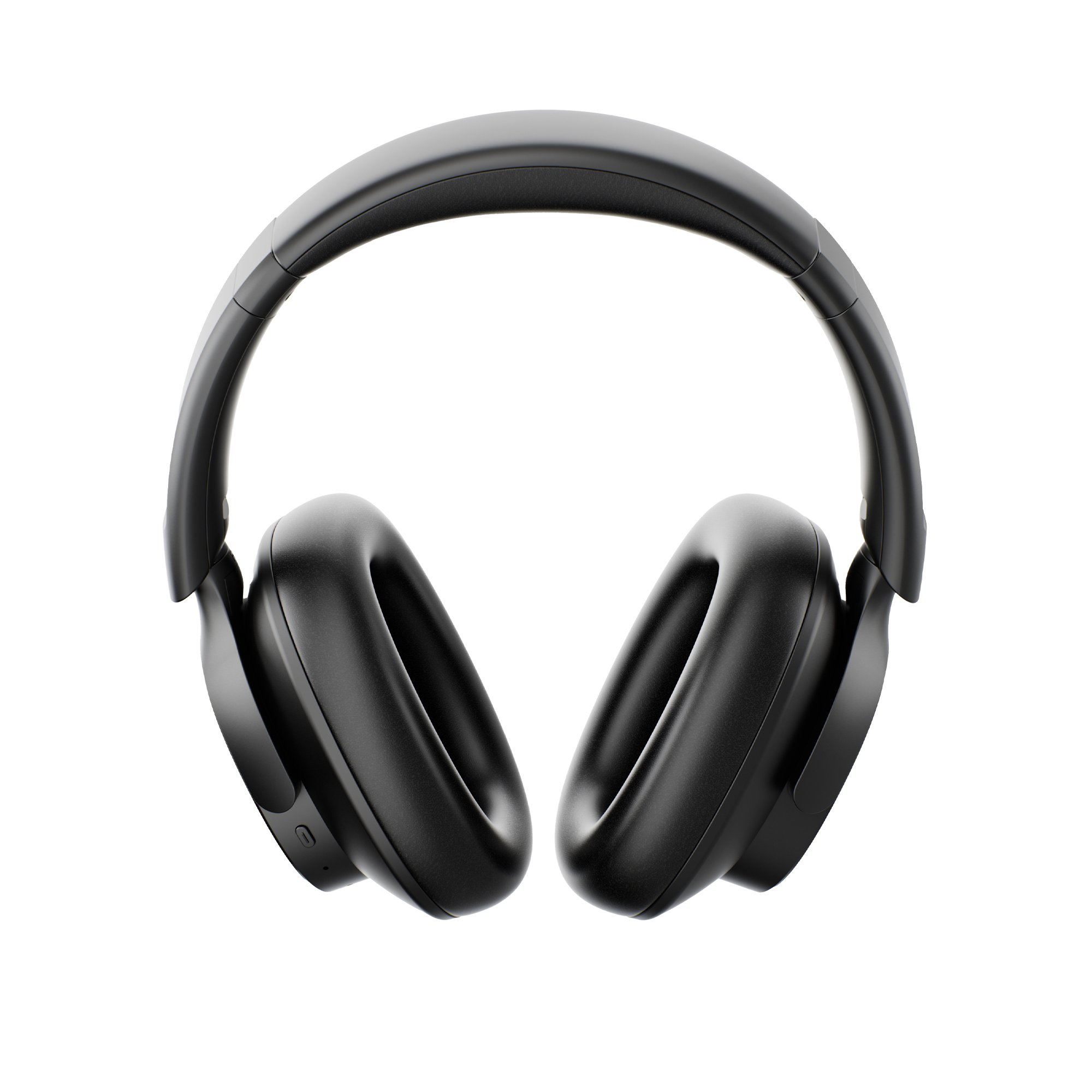 Auriculares supraaurales negros con almohadillas acolchadas sobre fondo blanco.
