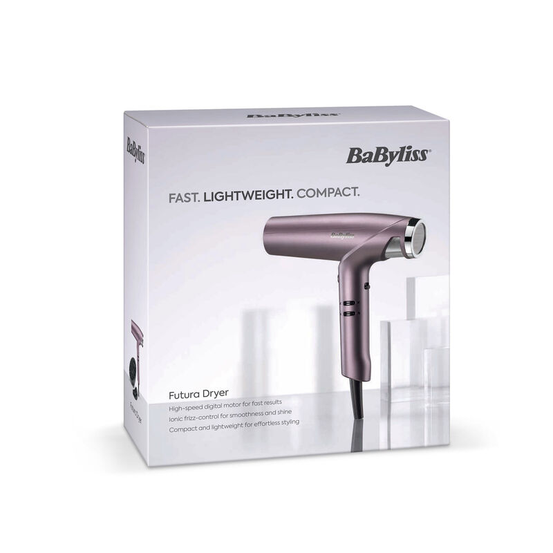 Una caja de secador de pelo BaByliss Futura blanca que muestra el secador morado.