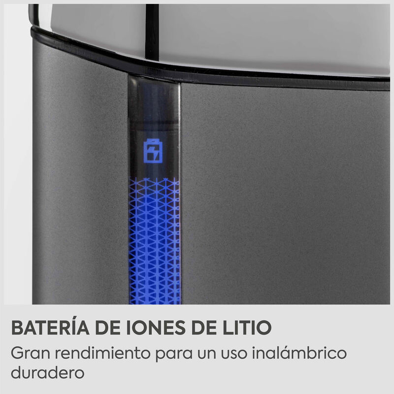 Dispositivo gris con barra indicadora de batería azul y texto sobre la batería de iones de litio.