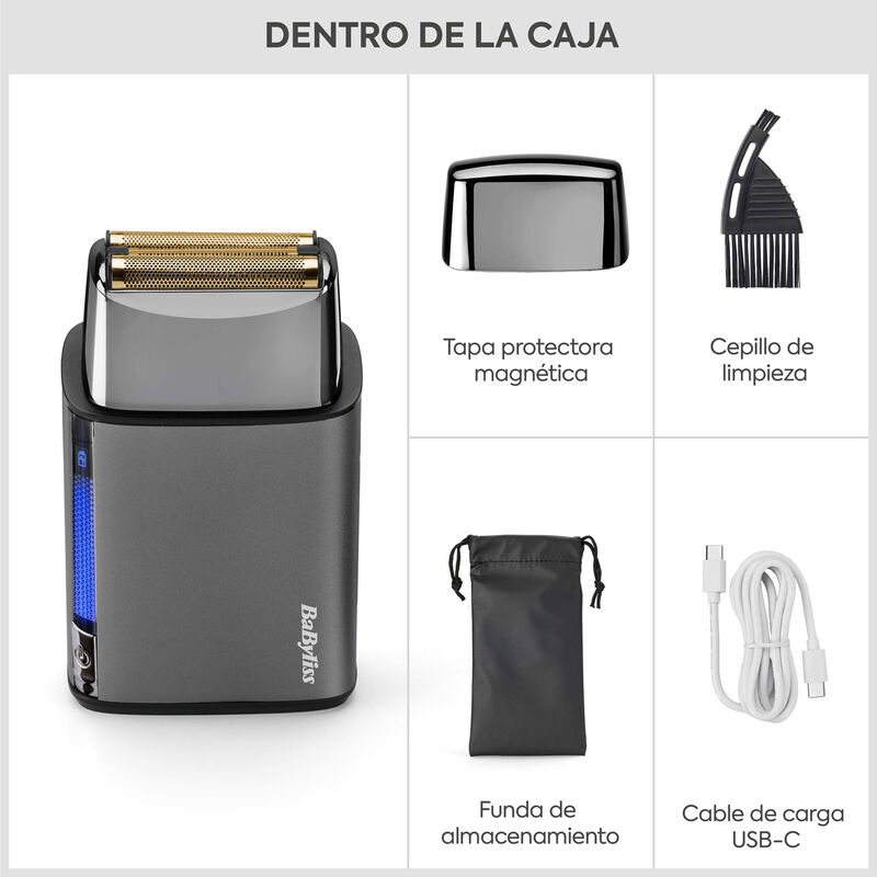Afeitadora BaByliss con tapa magnética, cepillo de limpieza, bolsa de almacenamiento y cable USB-C.