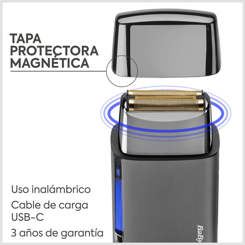 Afeitadora con tapa protectora magnética, uso inalámbrico, cable USB-C y 3 años de garantía.