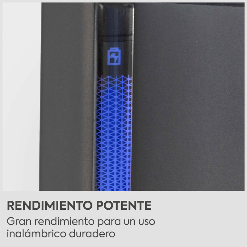 Un dispositivo negro con una barra indicadora de batería azul brillante y texto en español sobre rendimiento.