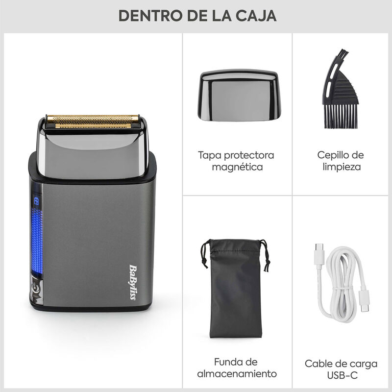 Afeitadora BaByliss con tapa magnética, cepillo, funda y cable USB-C.