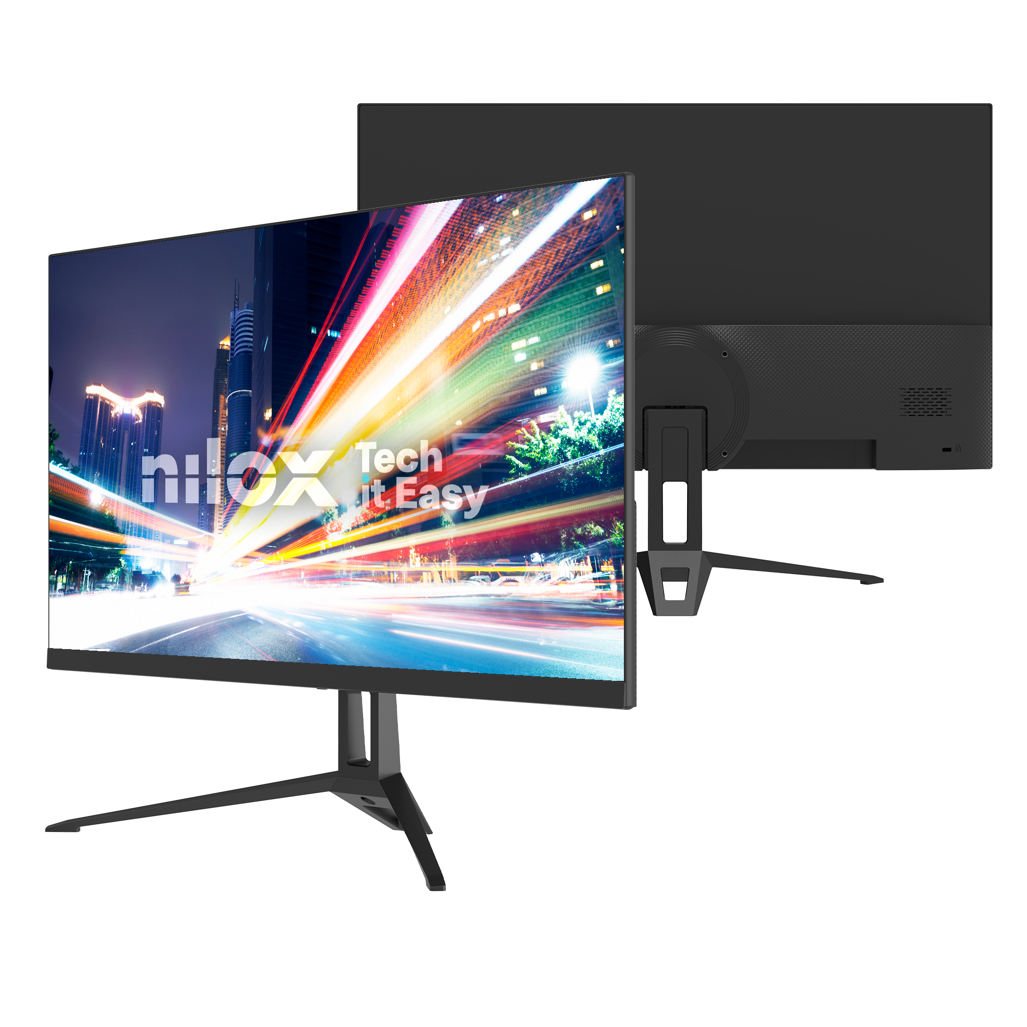 Dos monitores negros con soporte muestran una escena urbana colorida con estelas de luz y el logotipo de Nilox.