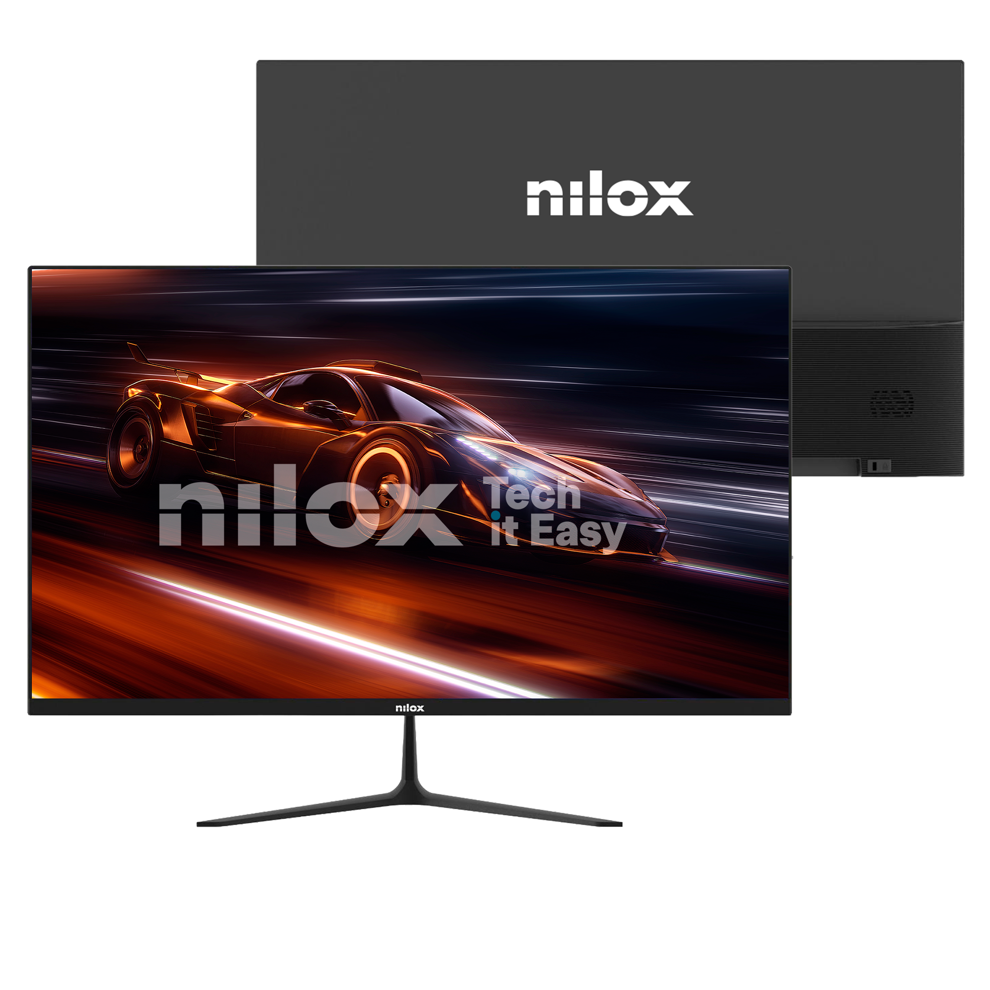 Monitor Nilox que muestra un coche de carreras con texto Tech it Easy sobre fondo oscuro.