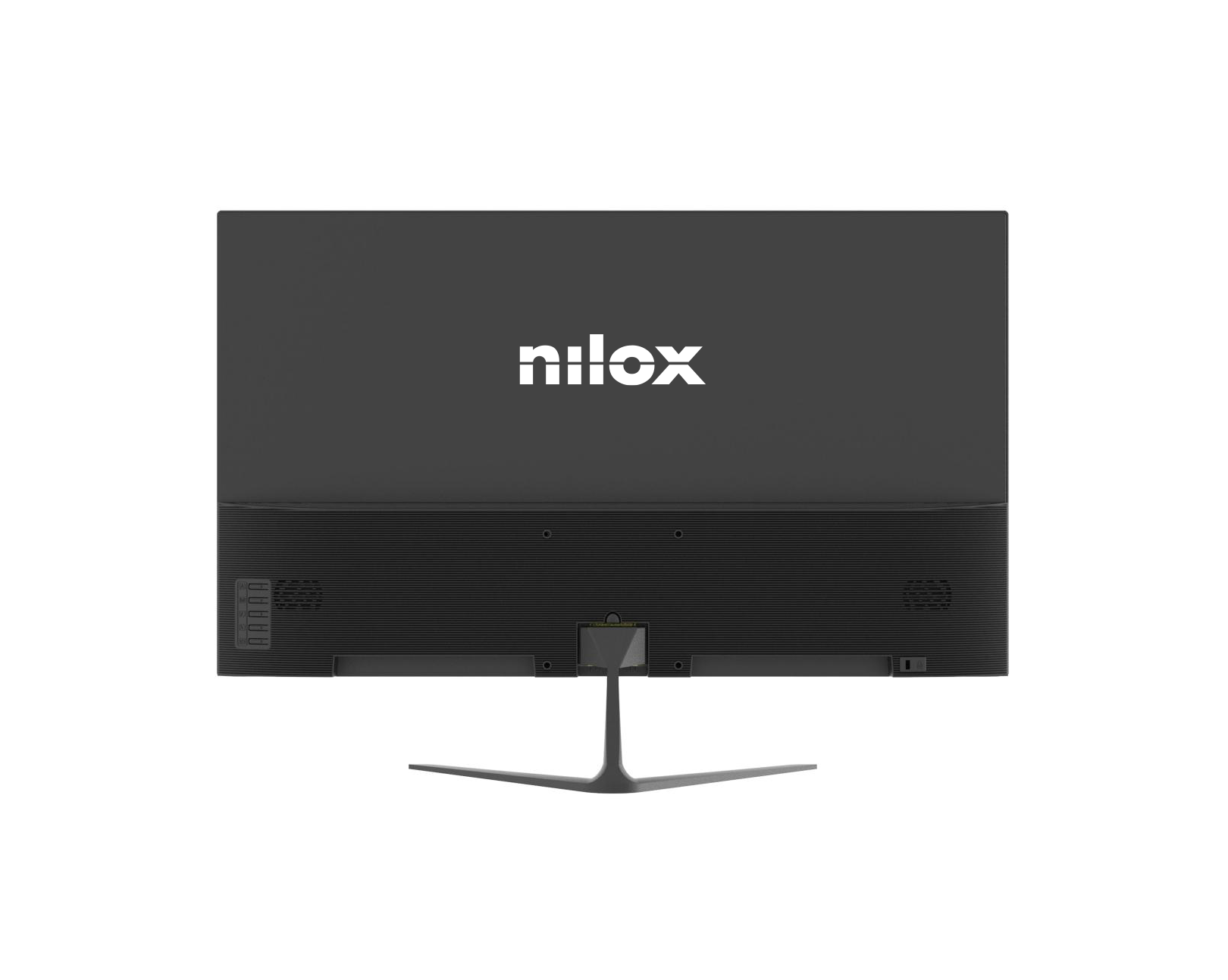Vista trasera de un monitor negro Nilox con soporte en V.