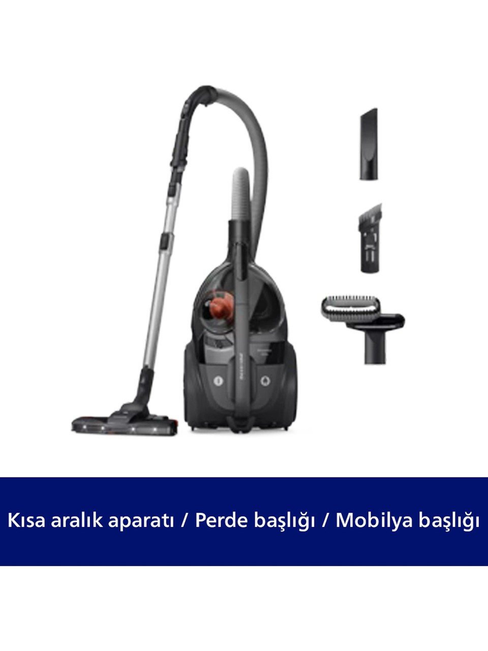 Beyaz arka planda hortumlu, borulu ve üç farklı başlıklı gri elektrikli süpürge.