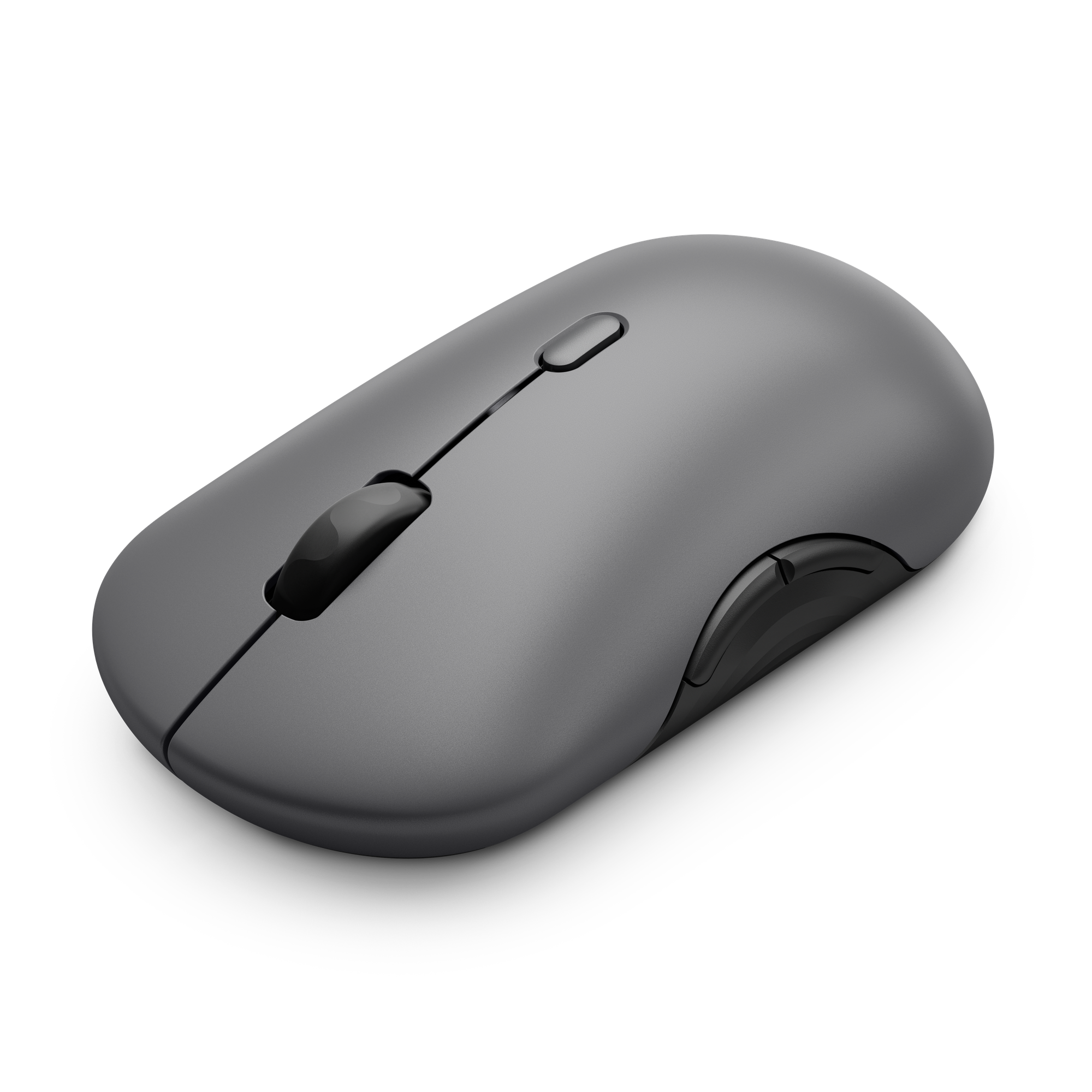 Un ratón de ordenador inalámbrico gris y elegante sobre un fondo negro sólido.