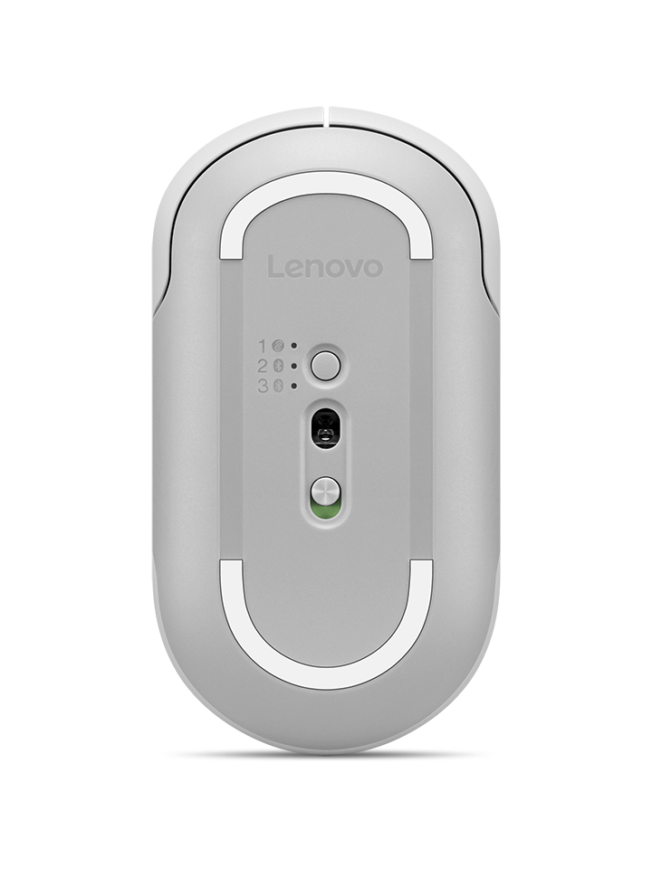 Parte inferior de un ratón Lenovo plateado con sensores, botón Bluetooth e indicador LED sobre fondo negro.