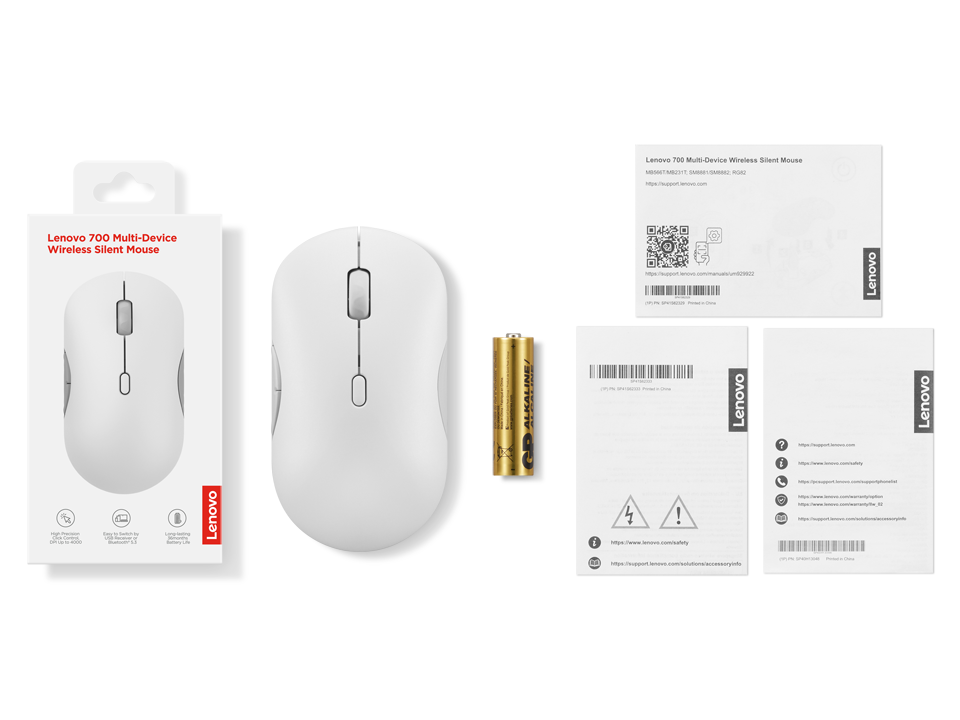 Ratón inalámbrico Lenovo 700 en blanco con embalaje, pila y manuales.