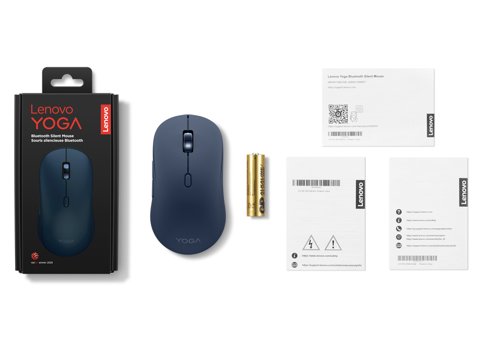 Ratón Bluetooth silencioso Lenovo Yoga con su caja, una pila y documentación sobre fondo negro.