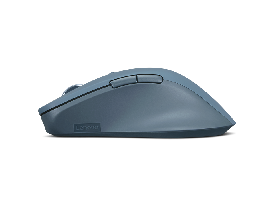 Ratón inalámbrico Lenovo azul de perfil sobre fondo negro.