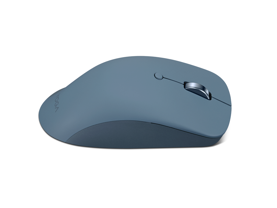 Ratón inalámbrico Yoga azul con rueda de desplazamiento plateada y diseño plano sobre fondo negro.