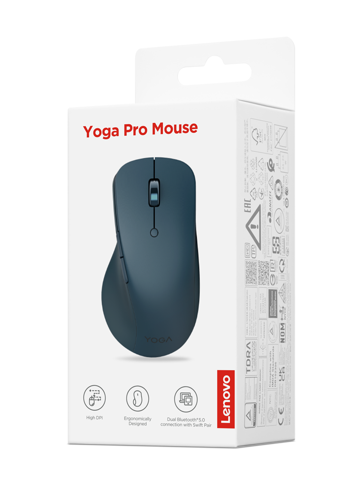 Embalaje del ratón Lenovo Yoga Pro azul oscuro con iconos de alta resolución y Bluetooth.