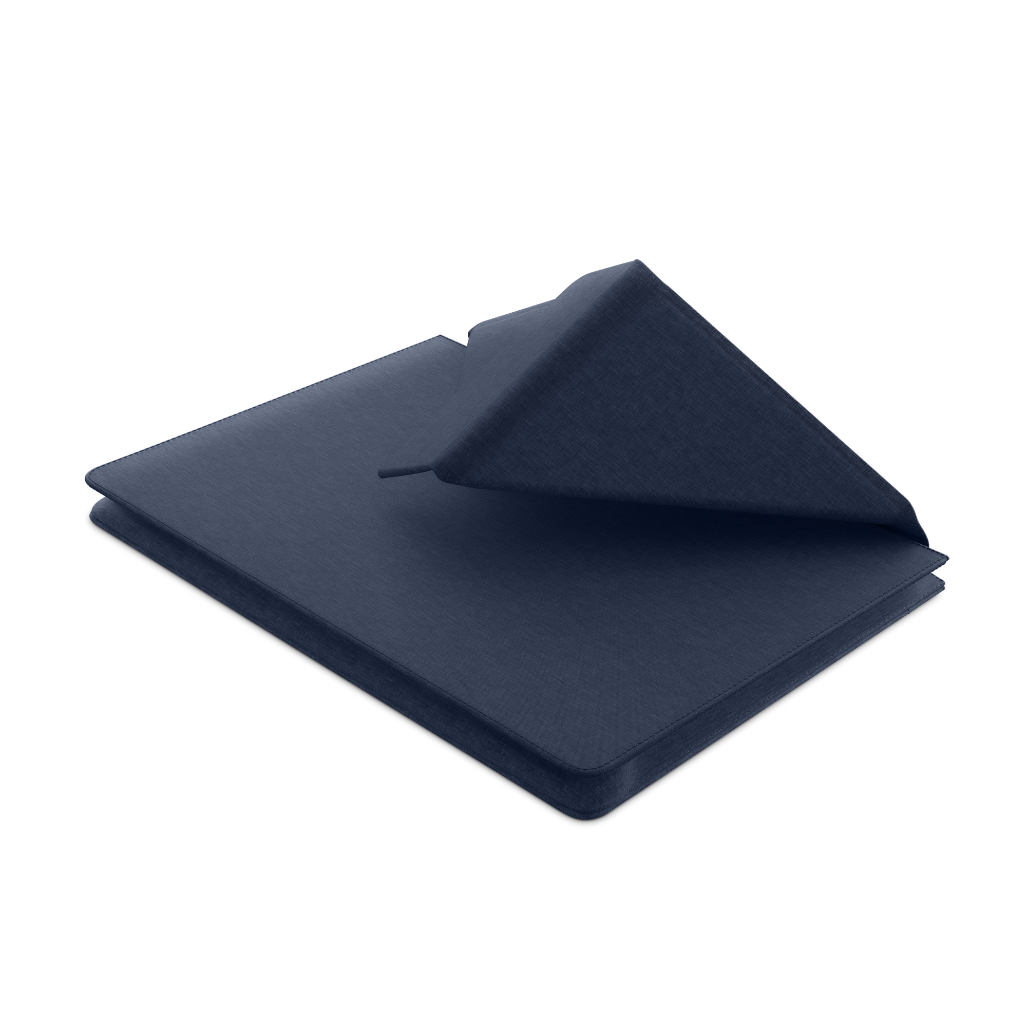 Una carpeta de documentos azul oscuro con tapa doblada sobre fondo blanco.