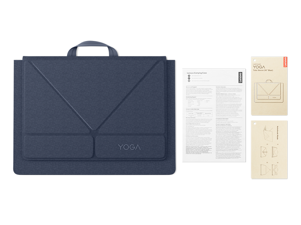 Una funda azul Lenovo Yoga con asa y dos folletos informativos sobre un fondo negro.