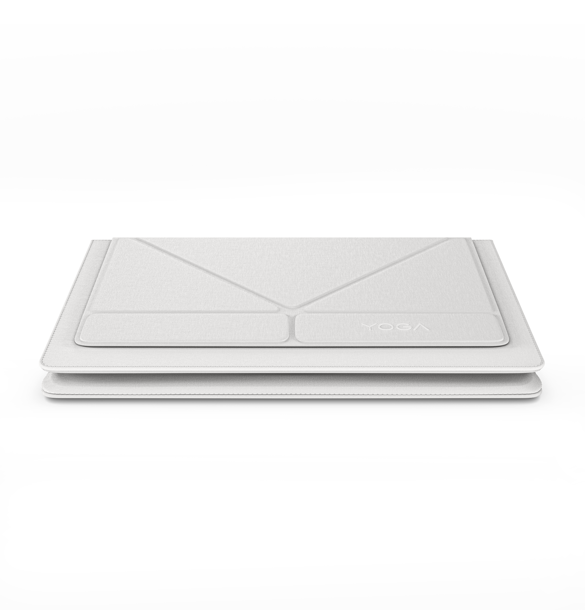 Una funda protectora blanca cerrada de Lenovo Yoga con líneas geométricas en material texturizado sobre fondo negro.