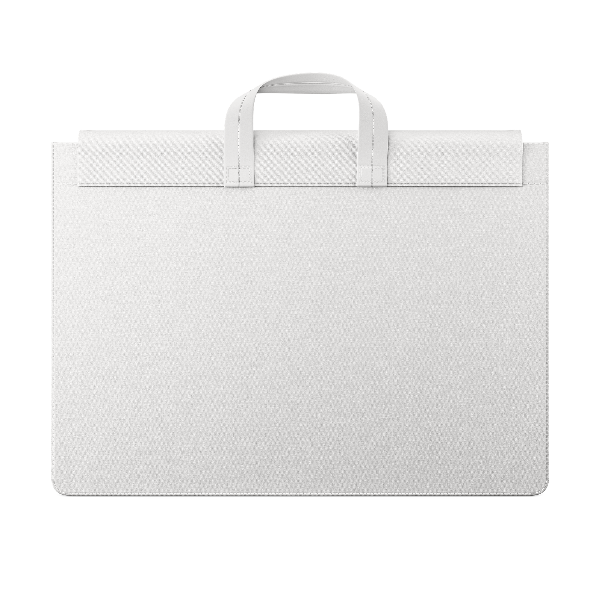 Una bolsa para documentos blanca con asas sobre un fondo negro.