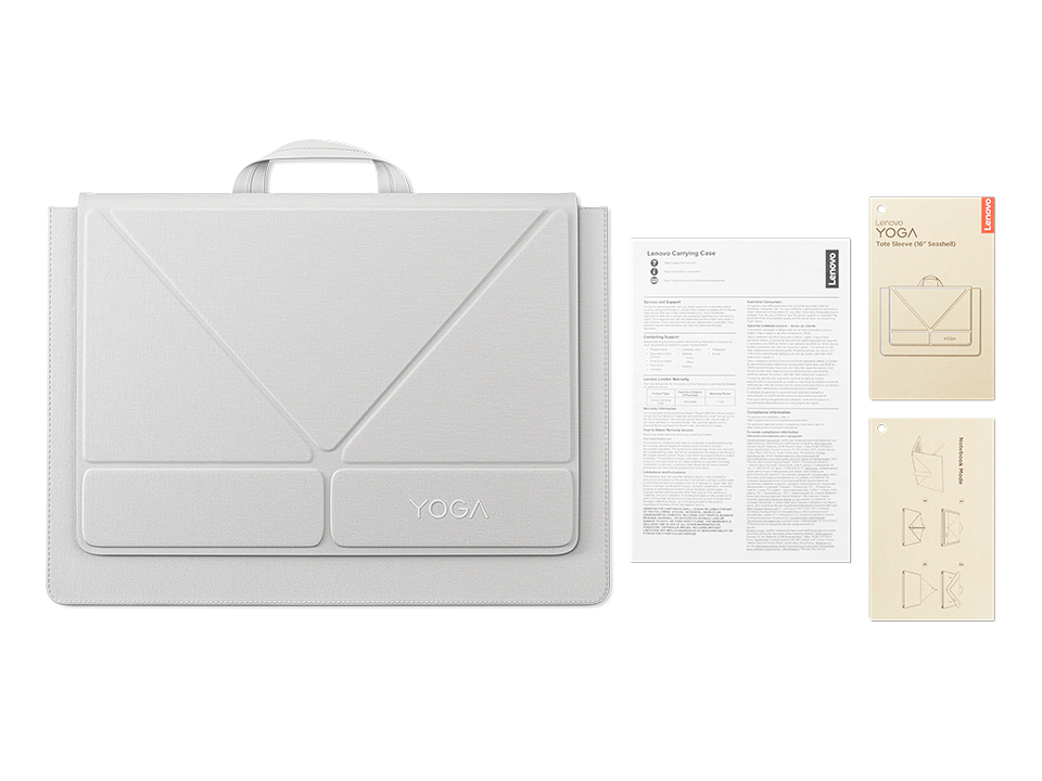 Una funda Lenovo Yoga gris claro con asa, acompañada de papeles de garantía y tarjetas de instrucciones.