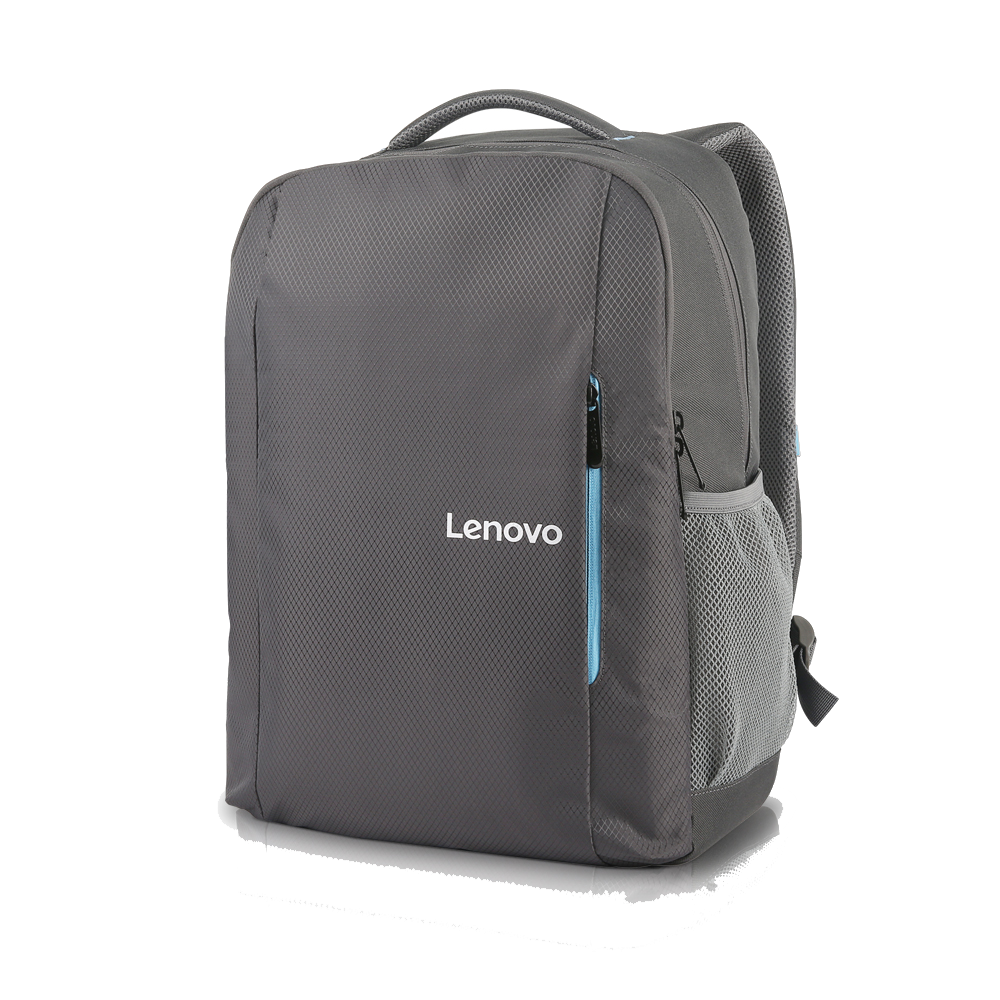 Mochila gris Lenovo con bolsillos laterales de malla y cremallera azul.