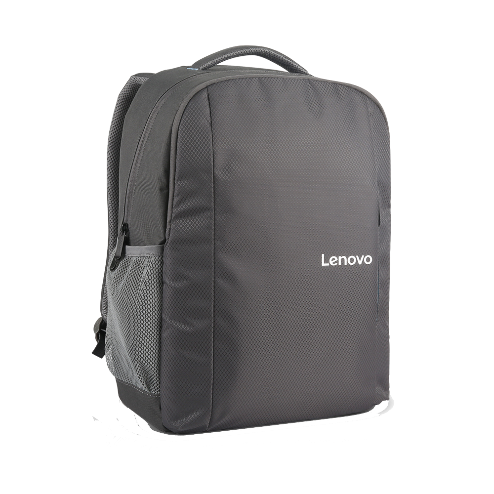 Una mochila gris de Lenovo con un bolsillo lateral de malla sobre fondo negro.
