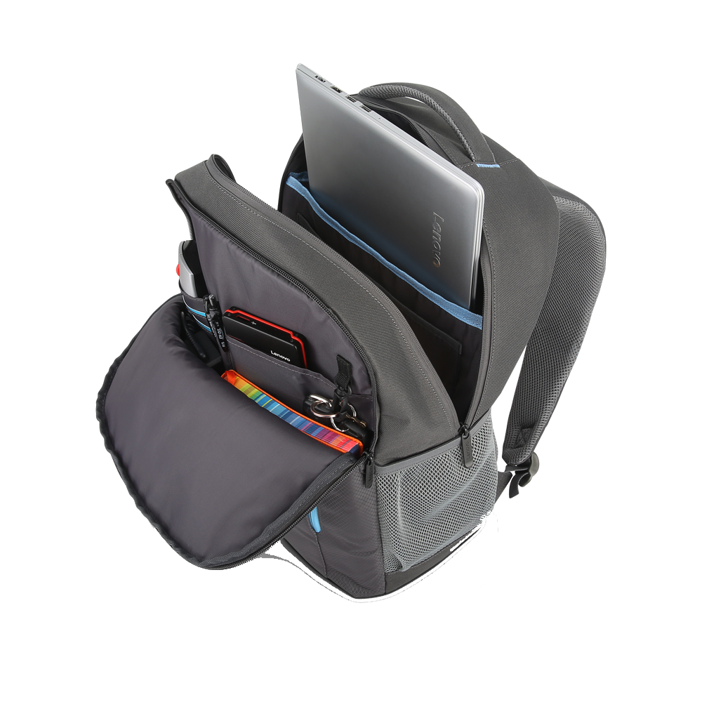 Mochila gris oscuro abierta que contiene una computadora portátil, una tableta y compartimentos organizados.