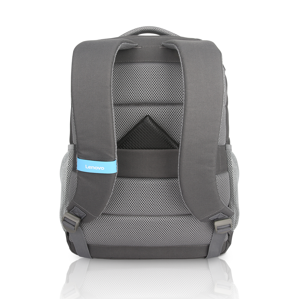 Vista trasera de una mochila gris Lenovo con correas acolchadas y espalda de malla sobre fondo negro.