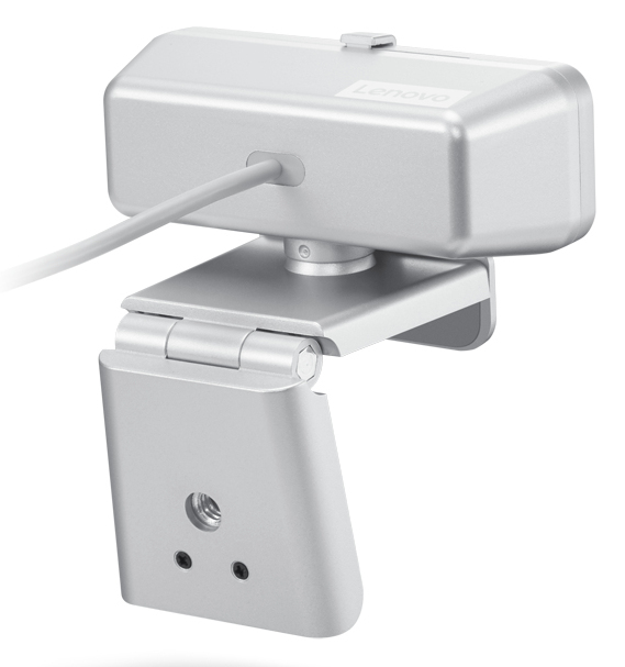 Una cámara web Lenovo de color gris plateado con cable adjunto montada en un soporte ajustable.