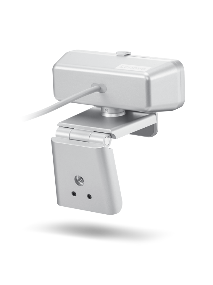 Una webcam plateada de Lenovo con cable, montada sobre un fondo blanco.