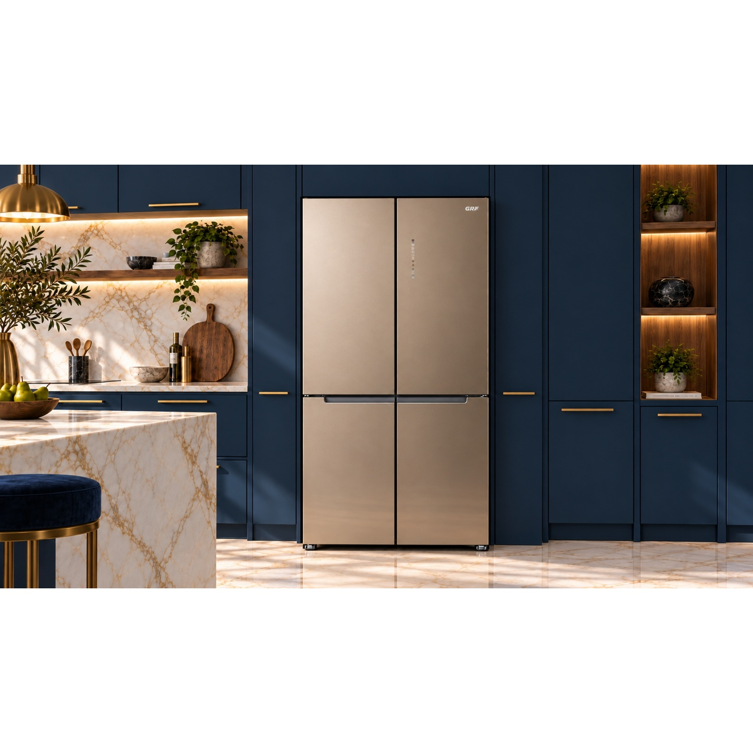 Cucina moderna con frigorifero dorato a quattro porte, mobili blu scuro e piani di lavoro in marmo.