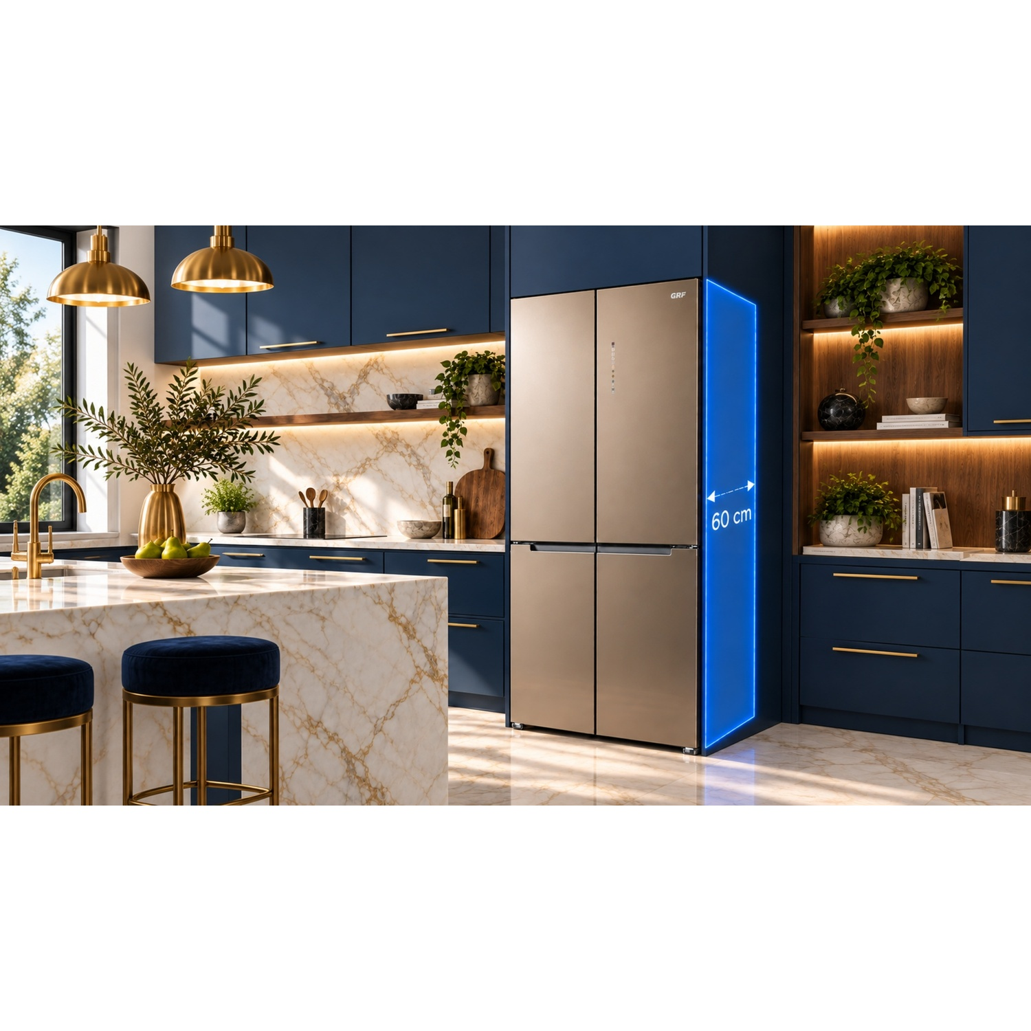 Cucina moderna con mobili blu, frigorifero dorato e isola in marmo.