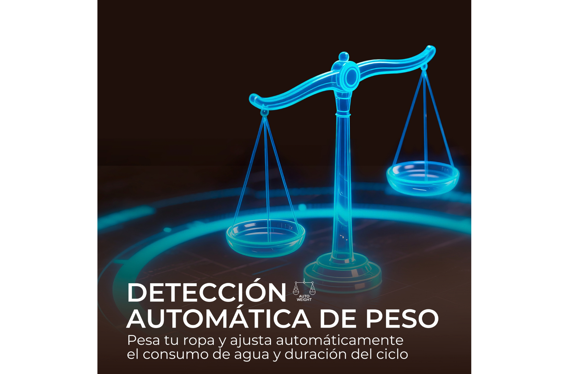 Balanza azul brillante sobre fondo oscuro con texto en español sobre detección automática de peso.