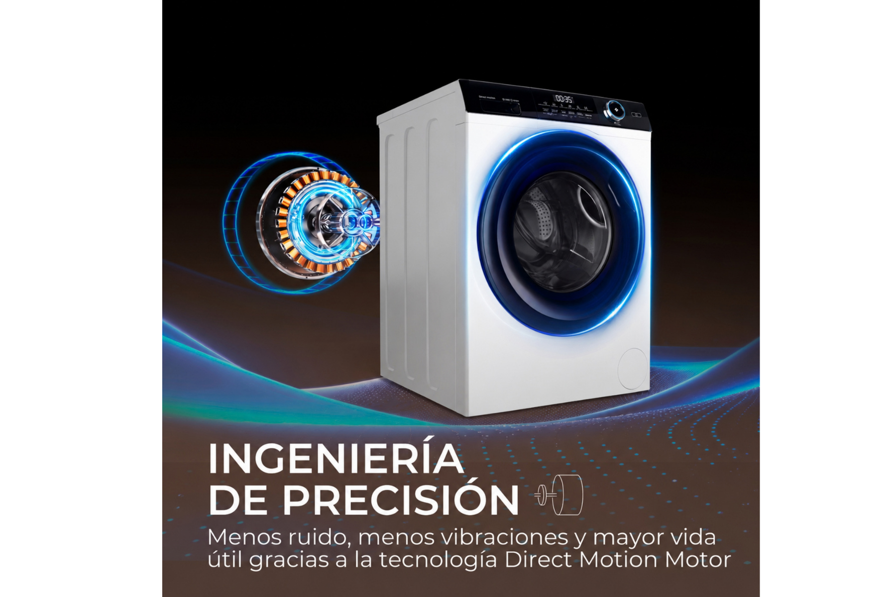 Una lavadora blanca con aro de luz azul y diagrama de motor sobre fondo oscuro.