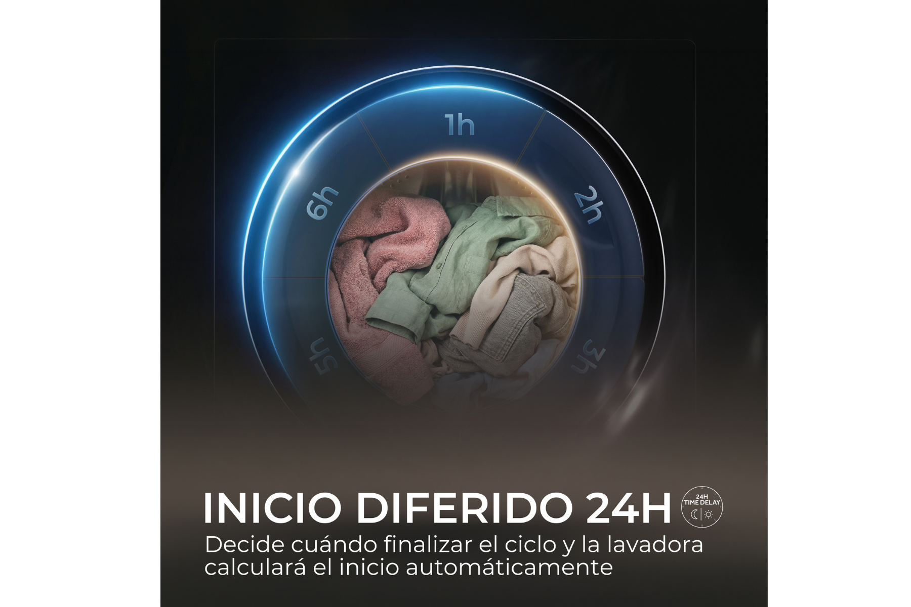 Lavadora con ropa y pantalla de inicio diferido 24h iluminada.