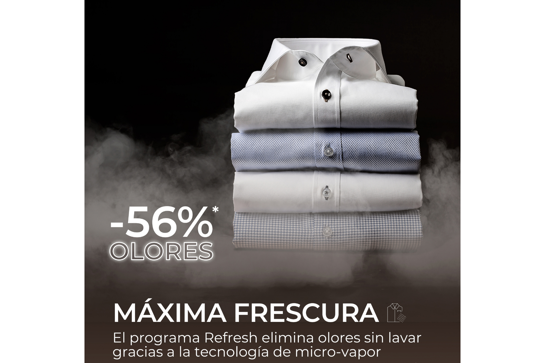 Una pila de camisas dobladas rodeada de humo con texto sobre frescura.