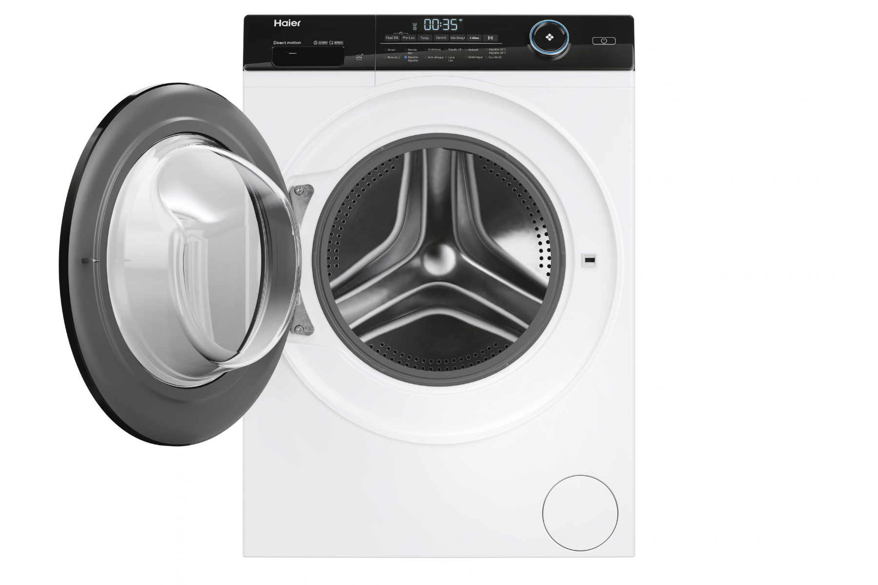 Una lavadora Haier blanca con puerta de cristal abierta y panel de control negro.