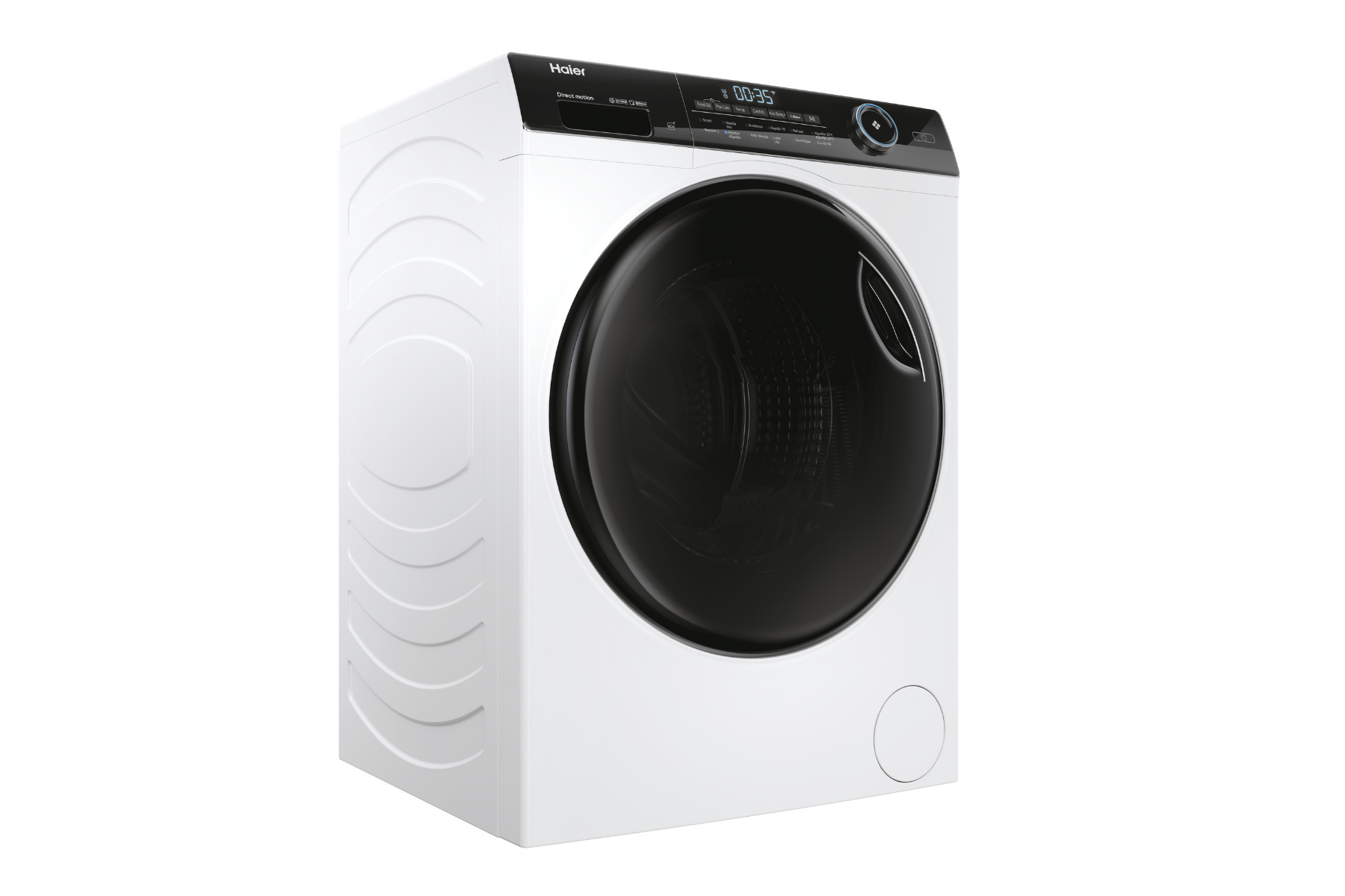 Una lavadora Haier blanca con escotilla negra y panel de control digital sobre fondo blanco.