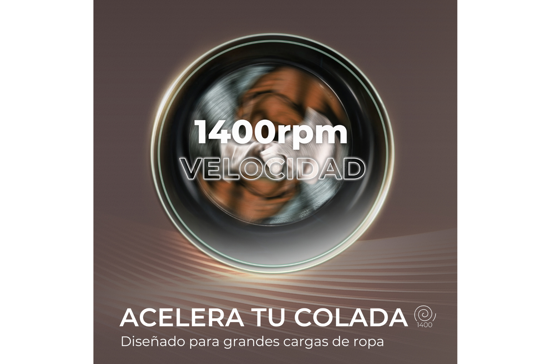 Puerta de lavadora en funcionamiento con texto en el centro: 1400rpm VELOCIDAD y ACELERA TU COLADA.