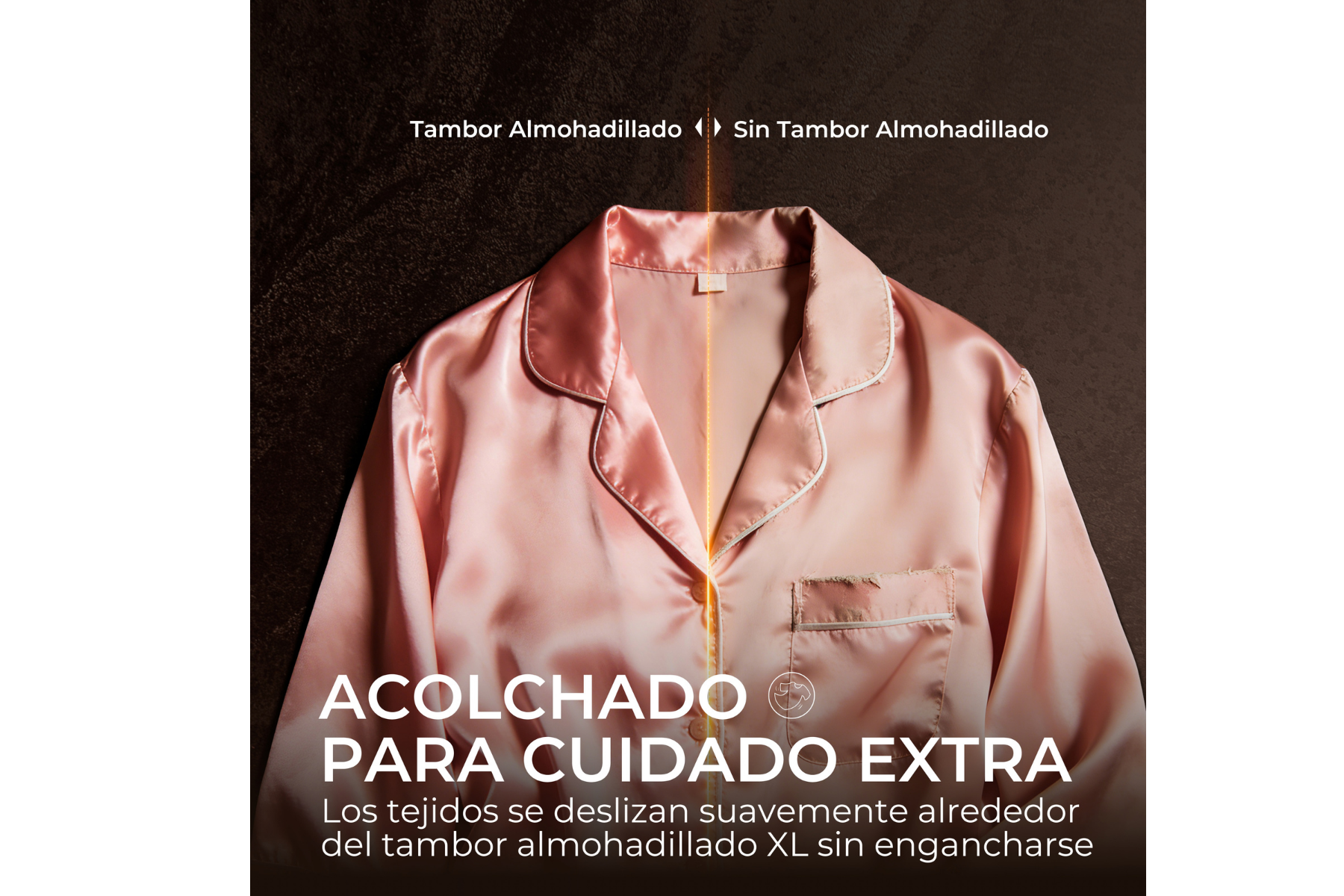 Comparación de blusa de seda con y sin tambor acolchado.
