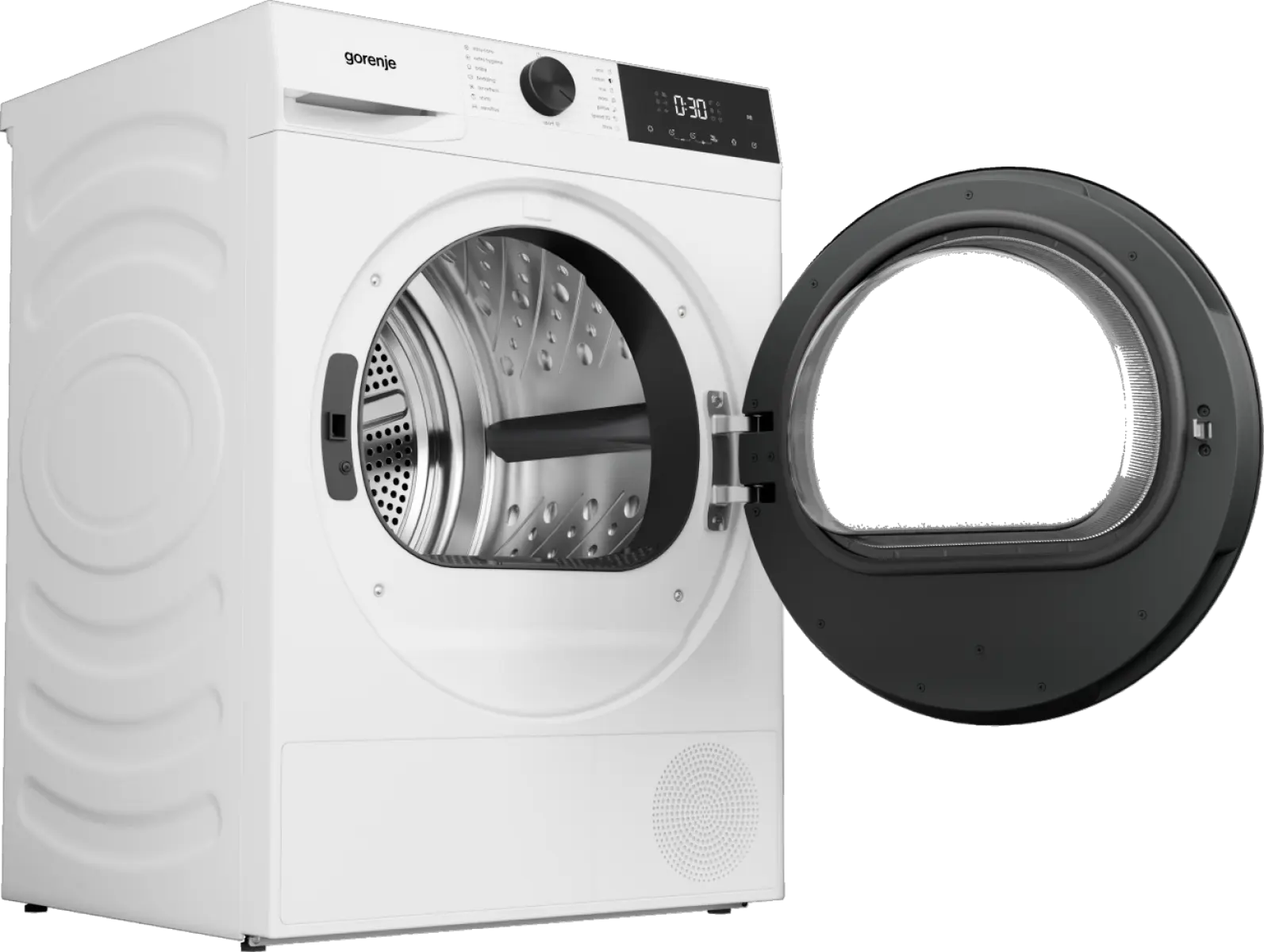 Fehér Gorenje szárítógép nyitott fekete ajtóval és rozsdamentes acél dobbal fekete háttér előtt.