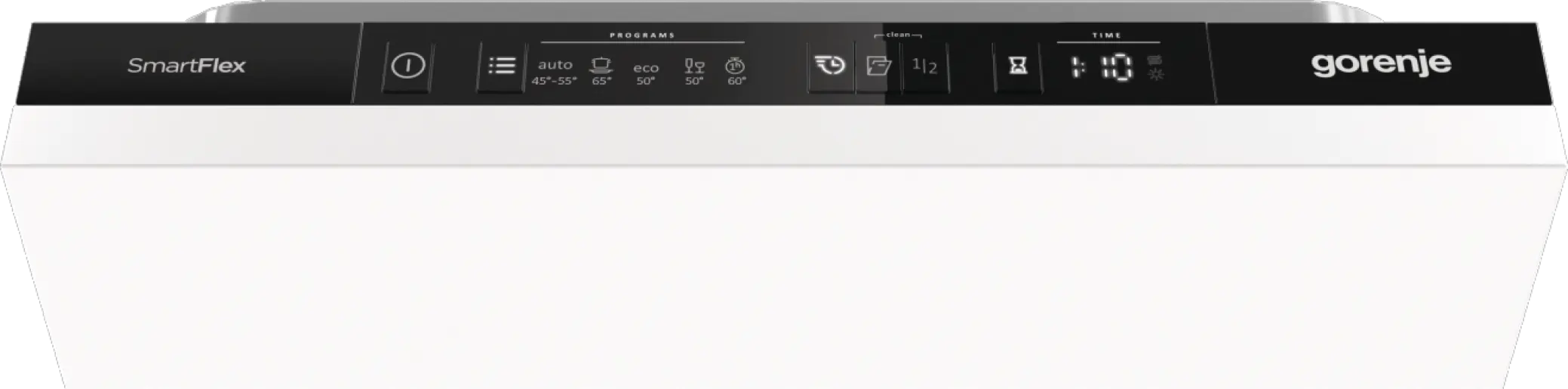 Fehér Gorenje SmartFlex mosogatógép vezérlőpultja érintőgombokkal és digitális időijelzéssel.
