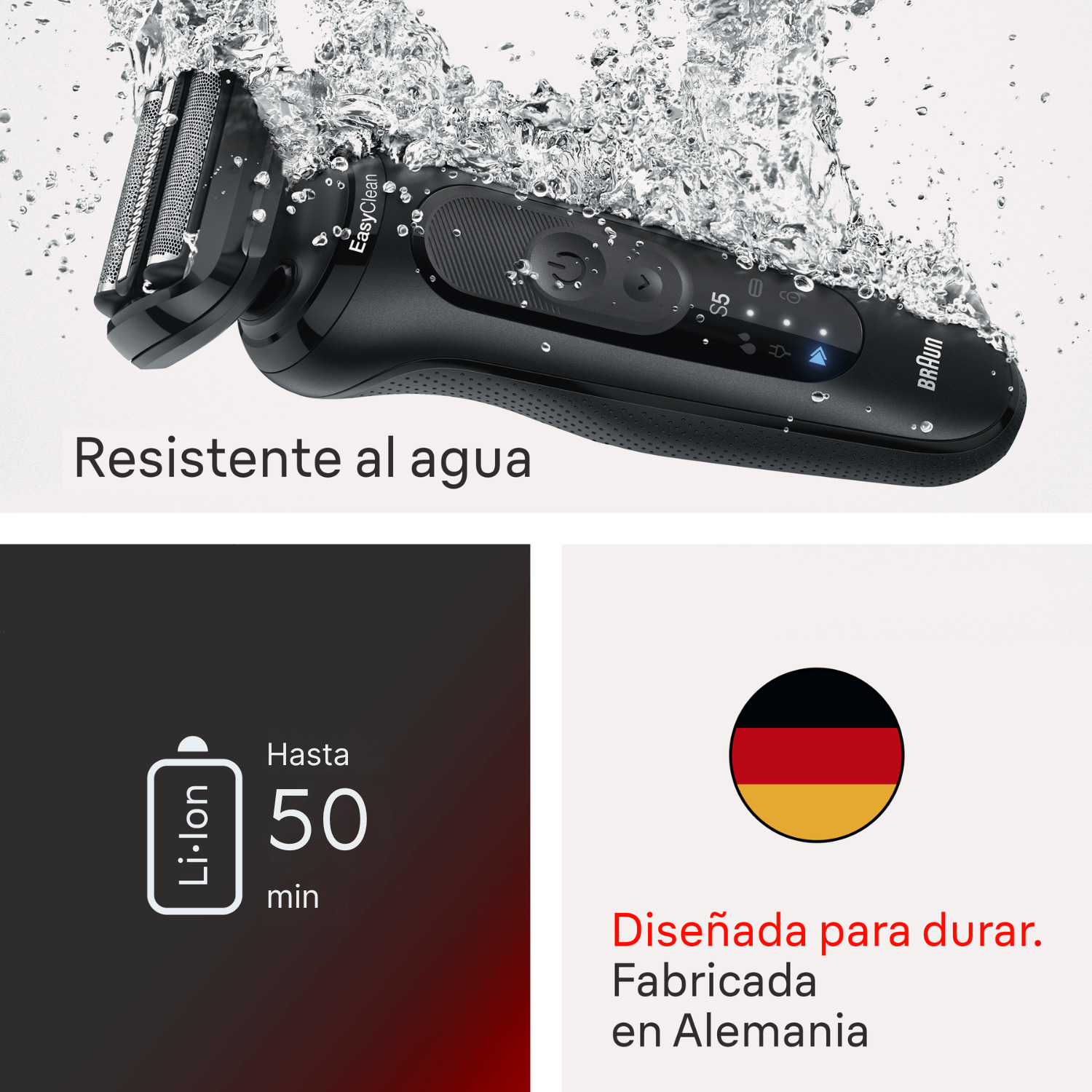 Resistente al agua. Li-ion Hasta 50 min. Diseñada para durar. Fabricada en Alemania.