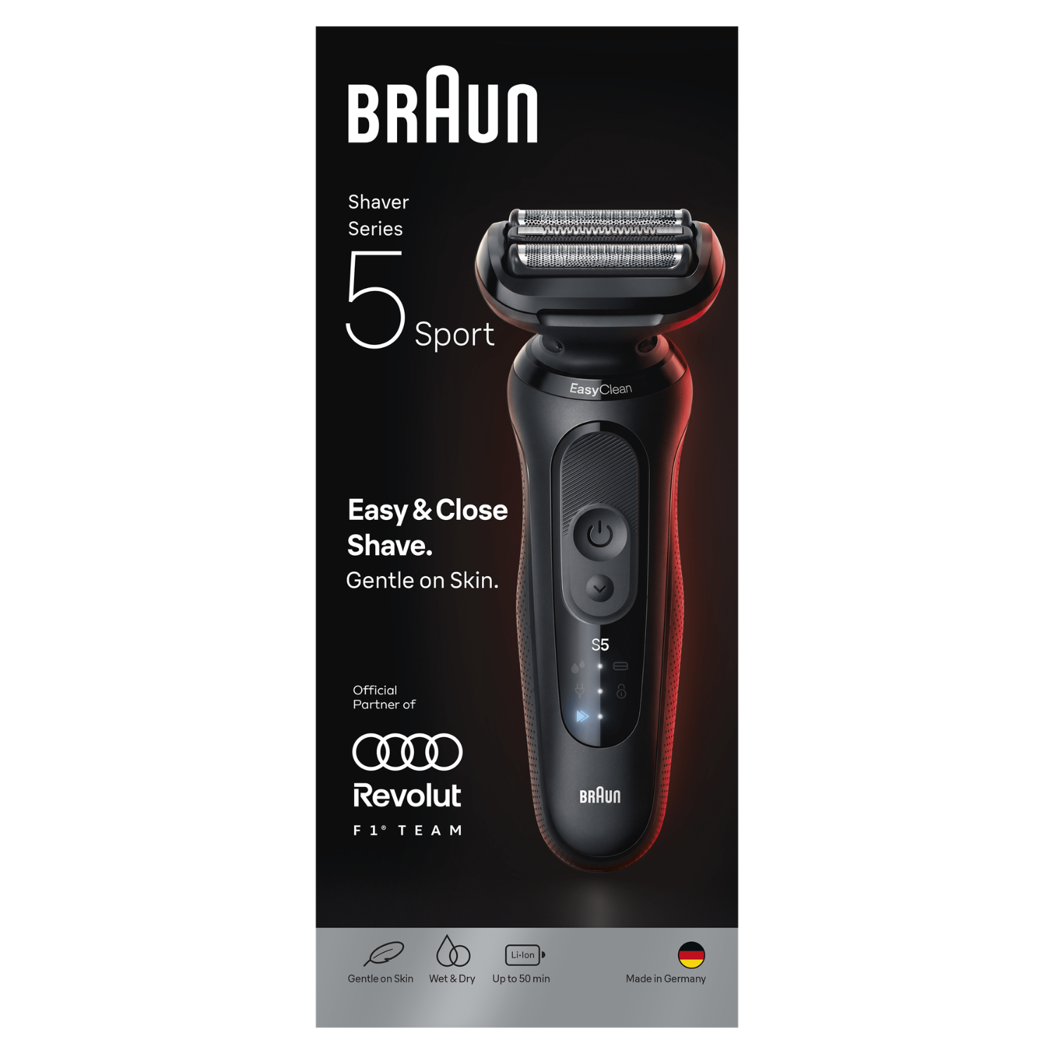 Una afeitadora eléctrica Braun Series 5 Sport negra sobre caja promocional con textos y logos.