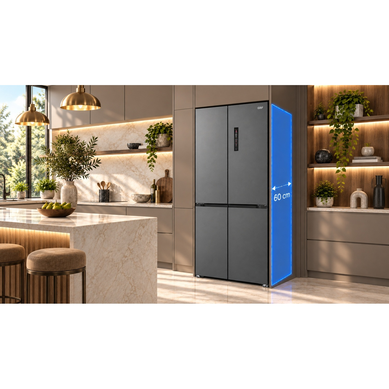 Moderne frigorifero grigio a 4 porte, larghezza 60 cm, in una cucina luminosa e lussuosa.